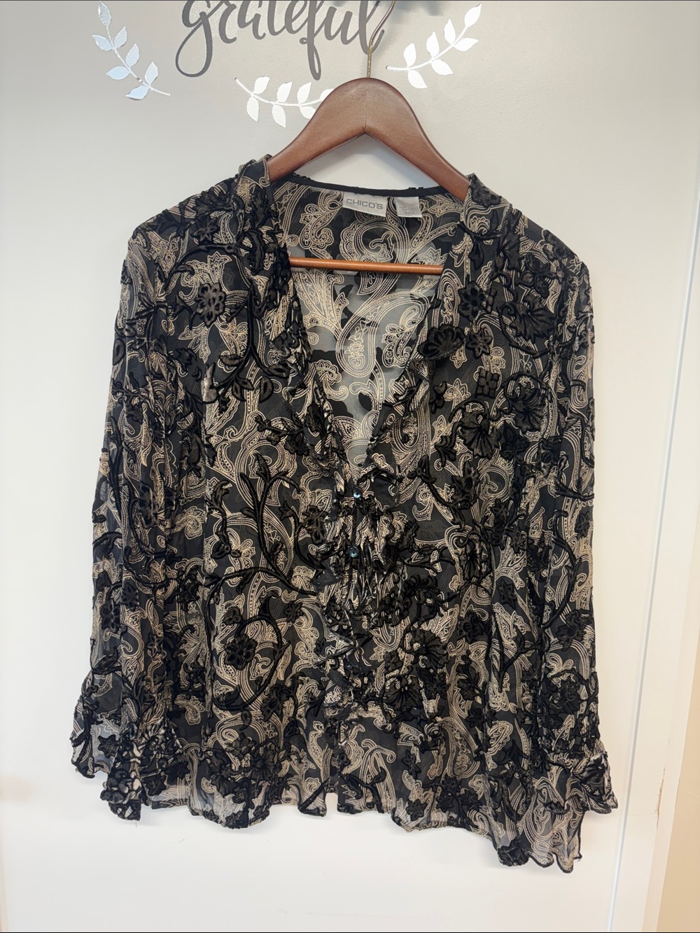 Chico's Black & Cream Paisley Ruffle V-Neck Blouse